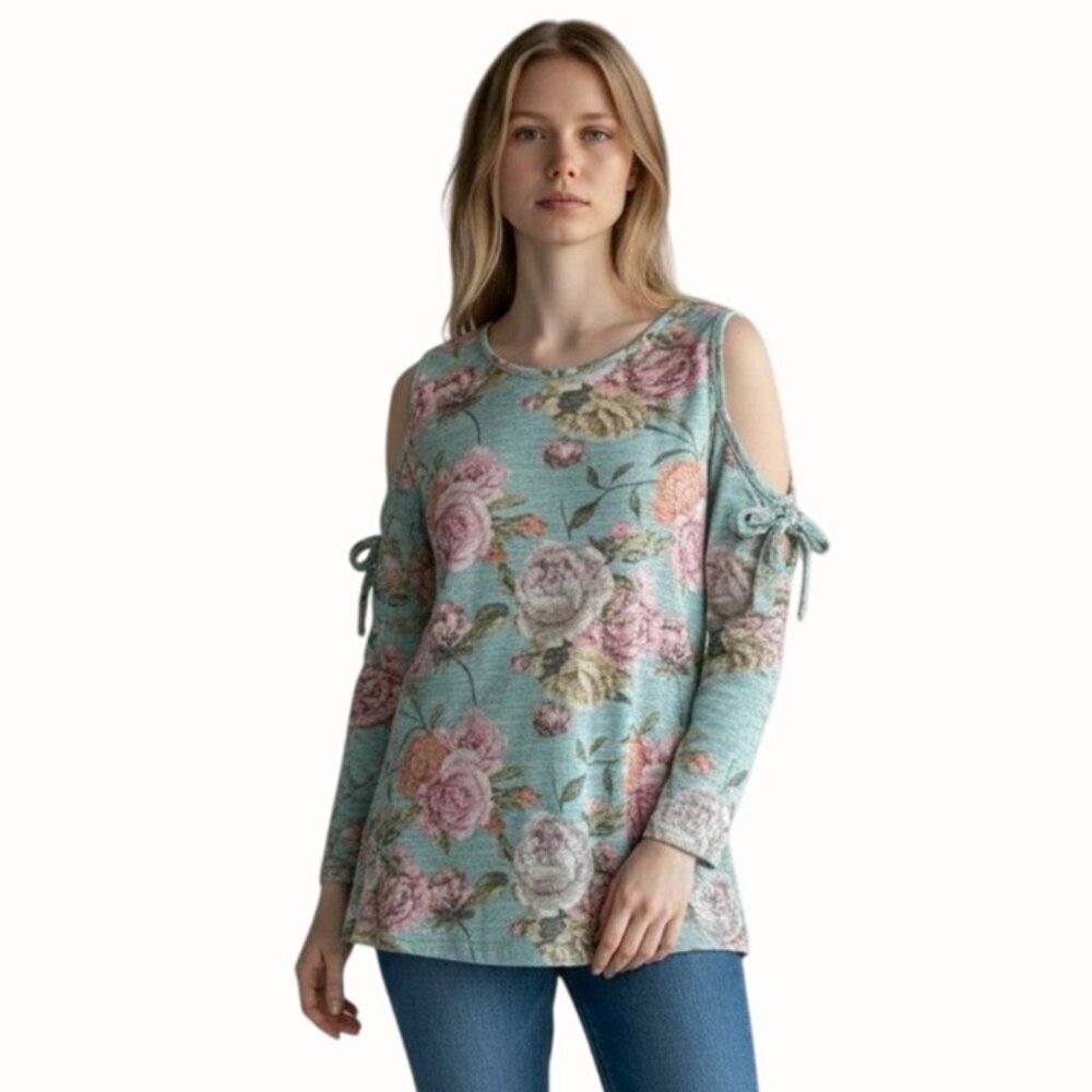 Cupio Womens Cold Shoulder Floral Top Aqua Pink Size L Soft Knit Long Sleeve NWT